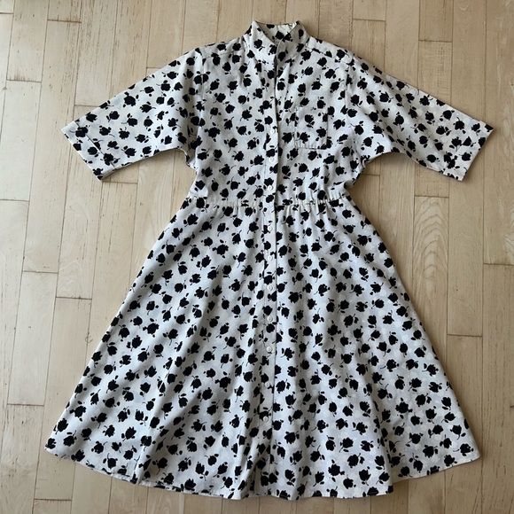 Vintage 70s 80s Petites by Willi Cotton Shirtwaist Dress Black/Ivory Floral Sz 8 - Picture 15 of 15